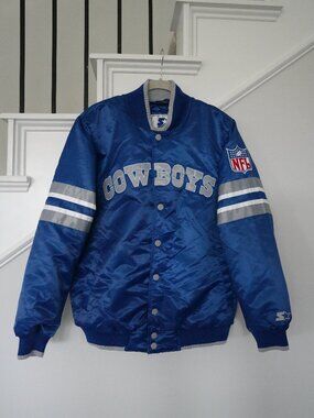 Dallas Cowboys Starter Satin bomber Jacket NFL Blue Silver Mens